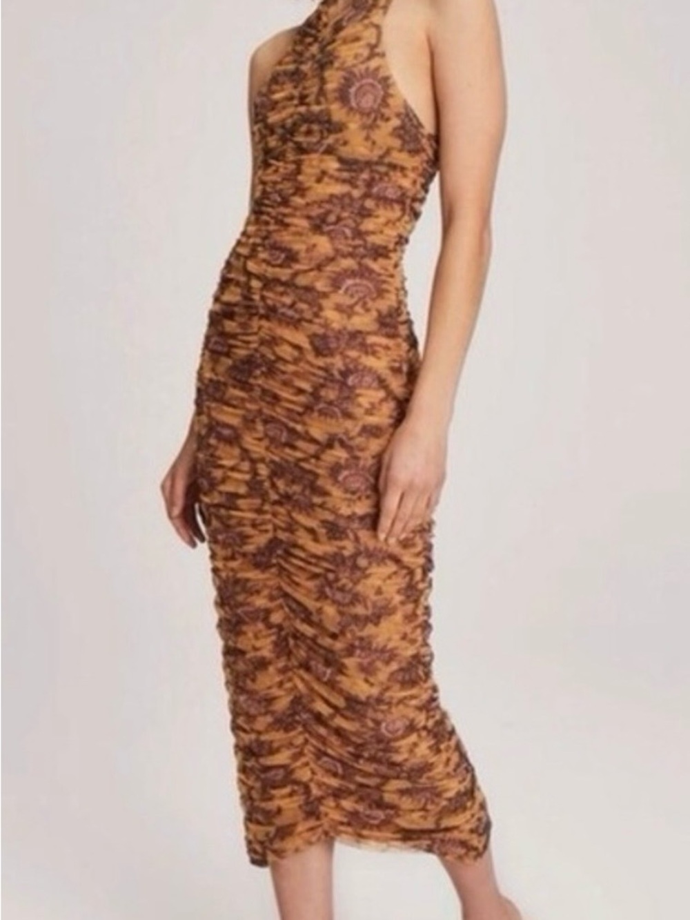 A.L.C. Brown Floral Ruched Halter Midi Dress